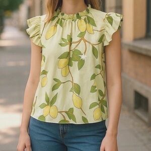 RYEGRASS Lemon Print Ruffled Cap Sleeve Top new size XL.       #32